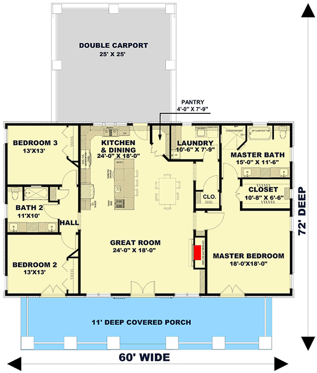Plan 25007DH: Country Home Plan with 11-Foot-Deep Front Porch - 2160 Sq Ft - Floor Plan - Main Level - Country, New American, Ranch, Southern