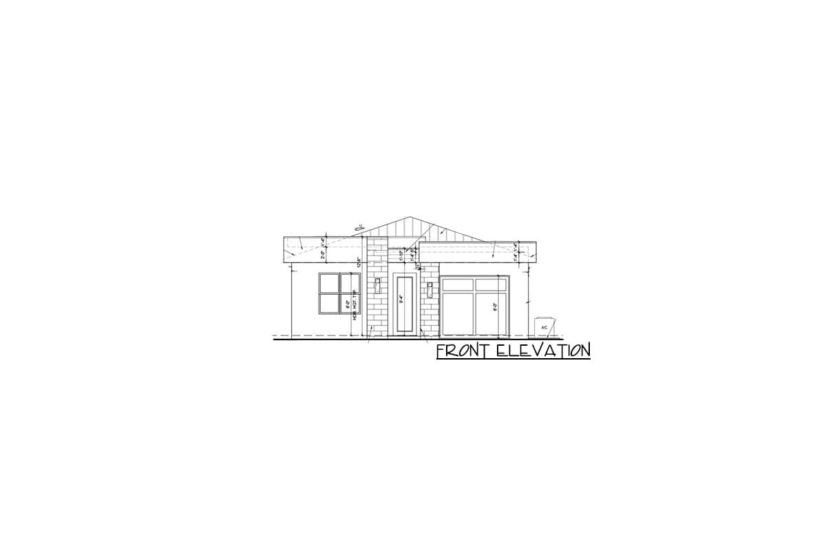Front elevation drawing of a single-story house with a gable roof, one window, a front door, and an attached garage.