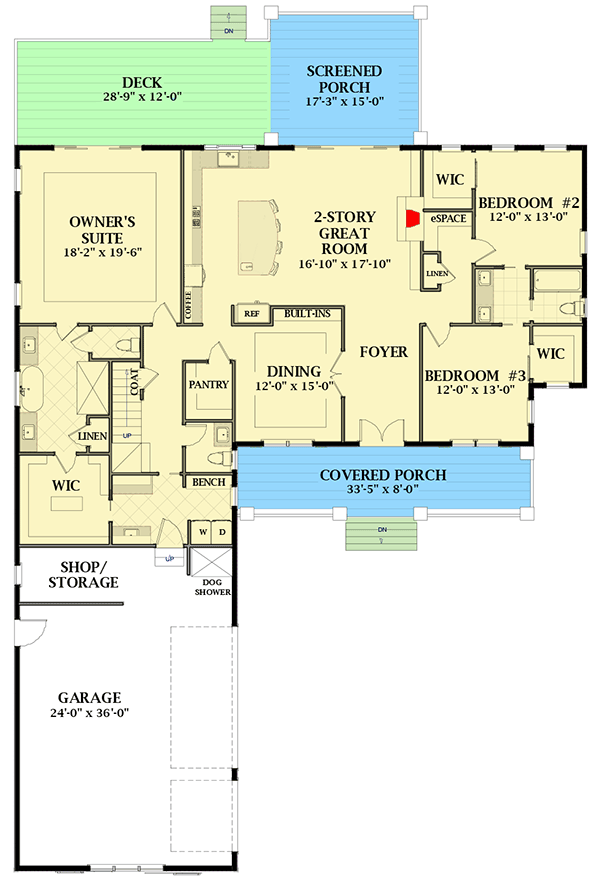 Plan 46389LA: Exclusive 4-Bed Modern Farmhouse Plan with Courtyard-Entry Garage - Floor Plan - Main Level - Country, Farmhouse, New American