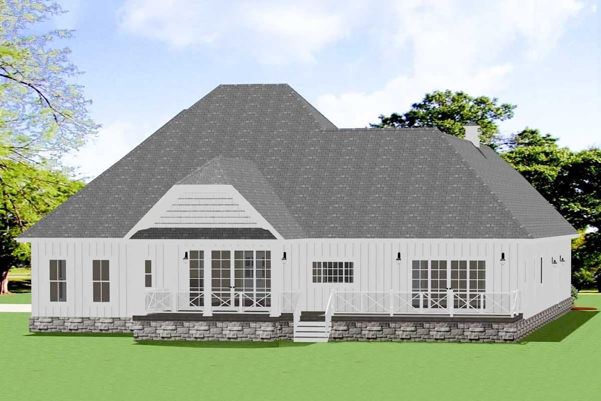 House plan exterior: Modern Farmhouse style, one story, gabled dormer, covered deck, stone base, board and batten siding.
