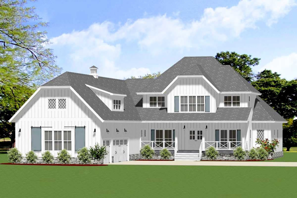 House plan exterior. Two-story Modern Farmhouse with gabled roof, front porch, and garage. Features include dormers and board-and-batten siding.