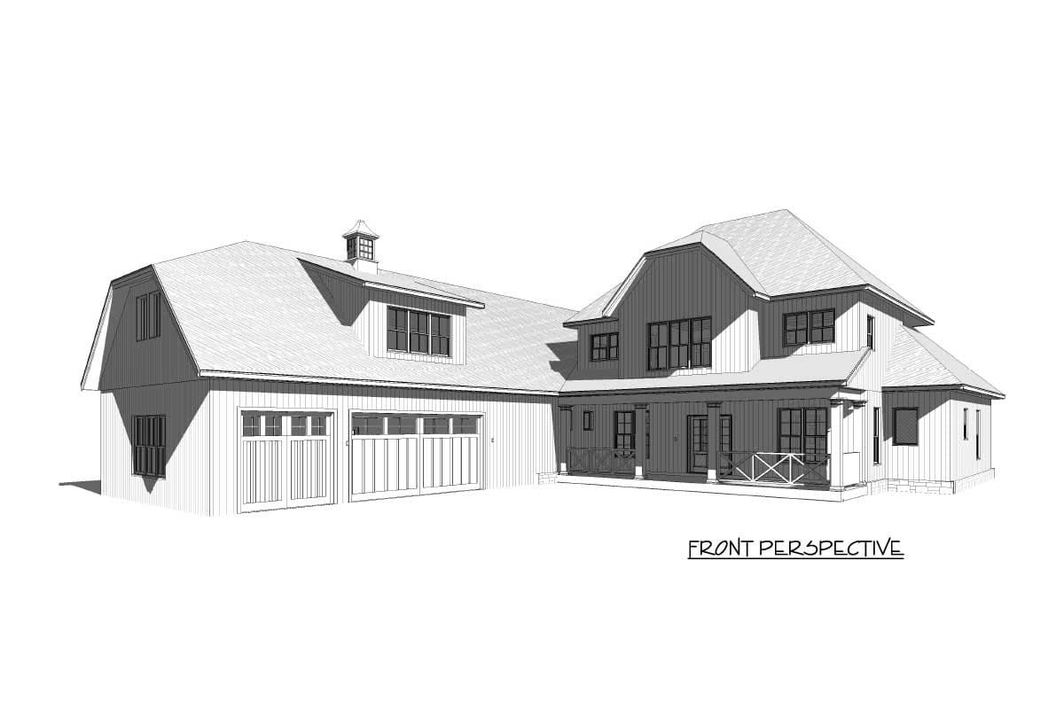 House plan exterior, Modern Farmhouse style, two stories, gambrel roof, front porch, and three-car garage.