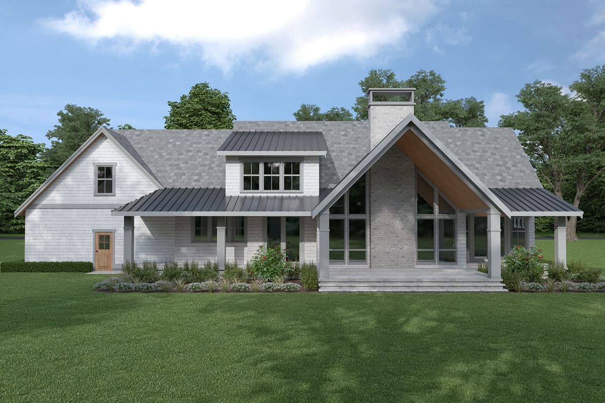 House plan exterior: Modern Farmhouse style, two stories, gabled dormer, metal roof accents, stone chimney, covered porch.