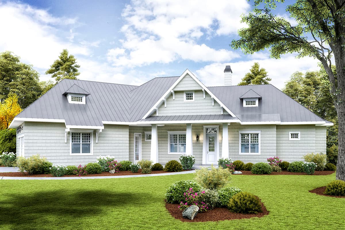 House plan exterior featuring a Craftsman style design. One-story home with a gabled roof, dormers, and a front porch.
