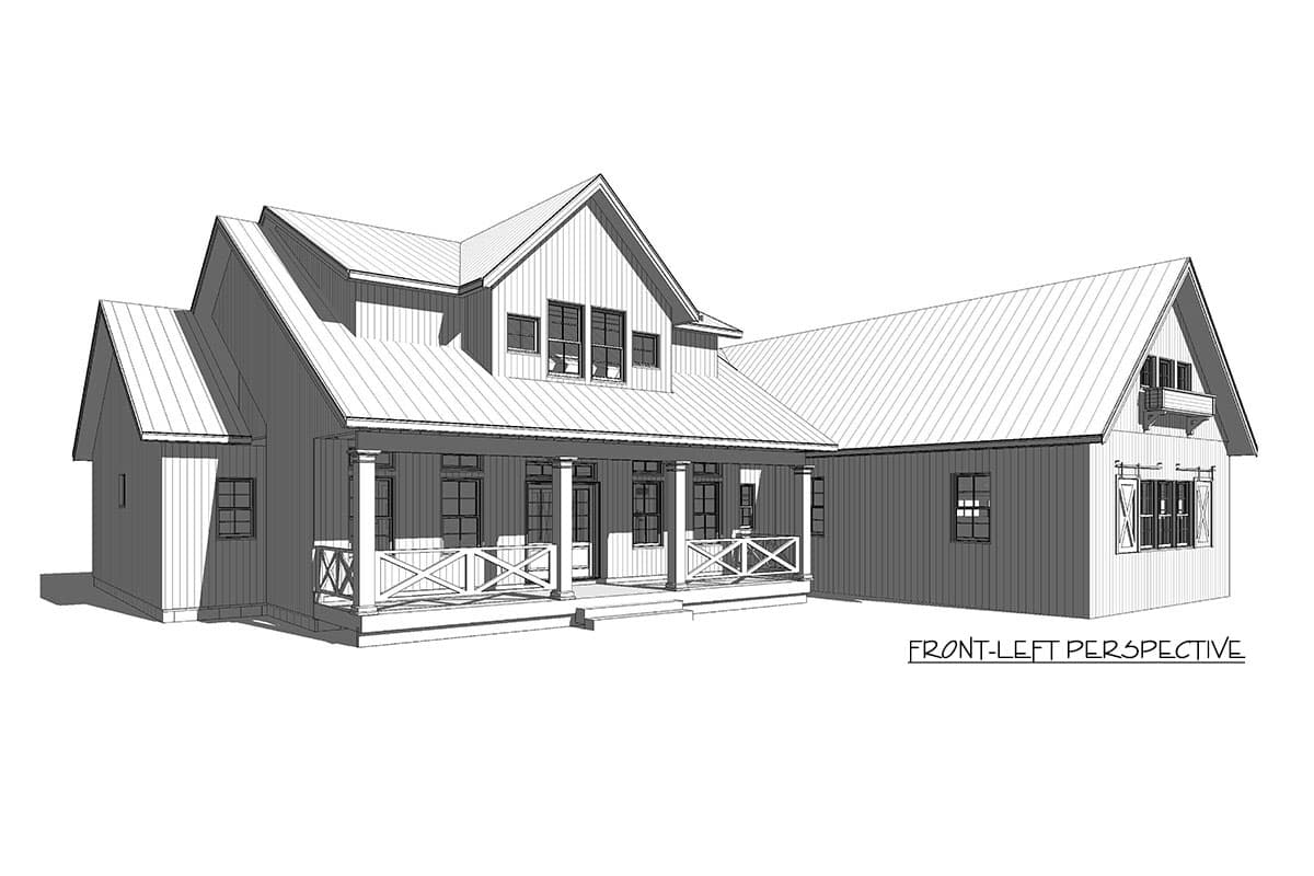 House plan exterior: Modern Farmhouse style, two stories, wrap-around porch with x-bracing, gabled dormers, and metal roof.