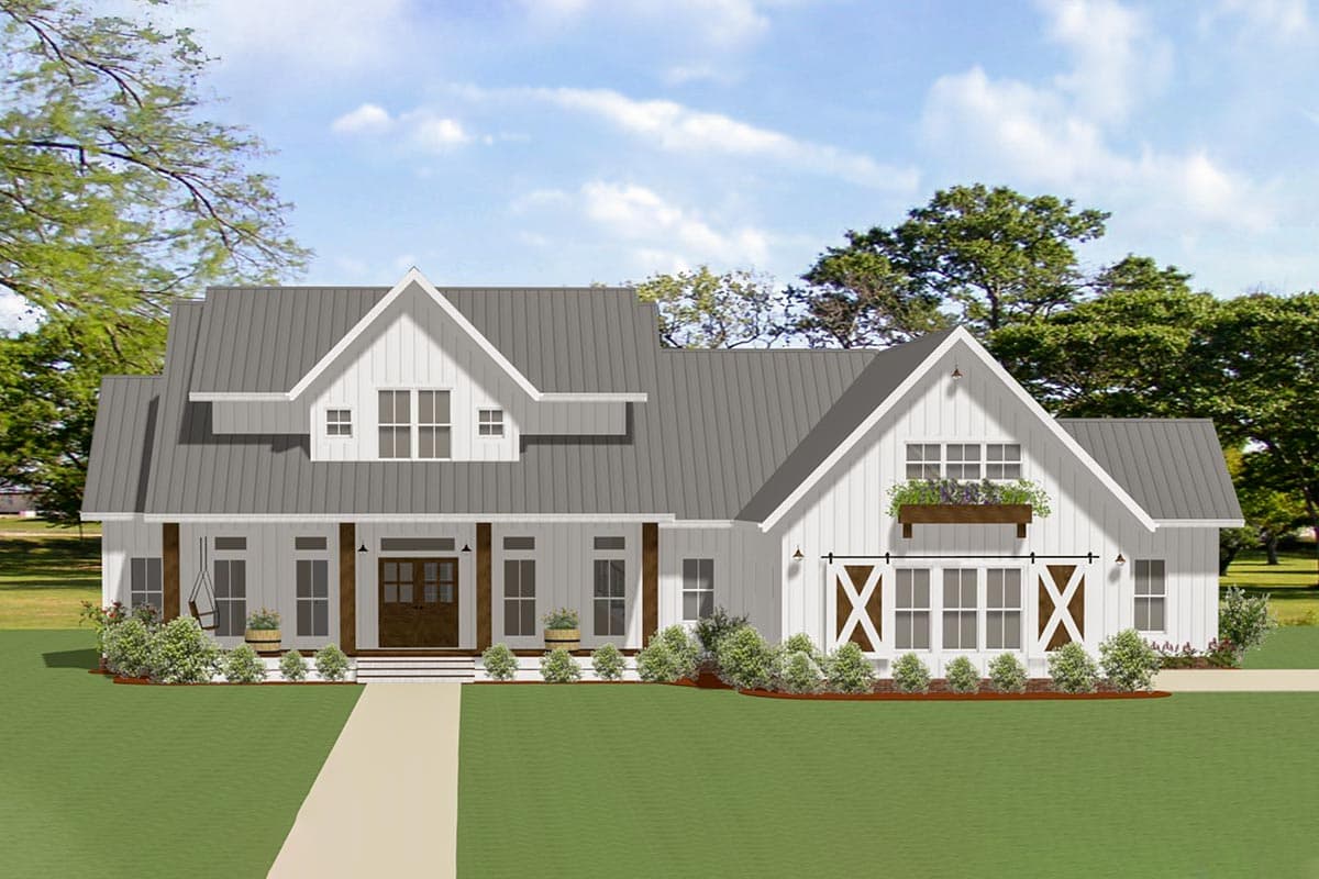House plan exterior rendering. Modern Farmhouse style with two stories, gabled roof, a front porch, and decorative barn door accents.