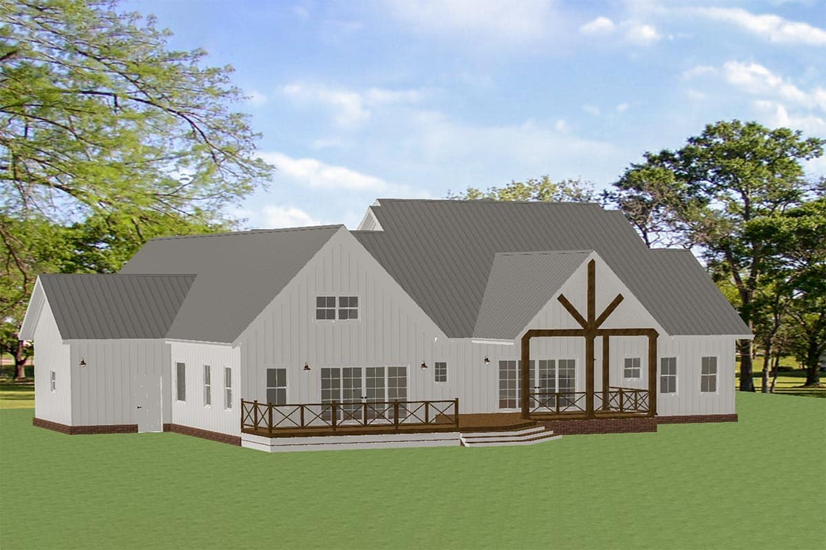 Modern Farmhouse house plan exterior with gabled roof, metal roof, and exposed wood beams on covered porch.