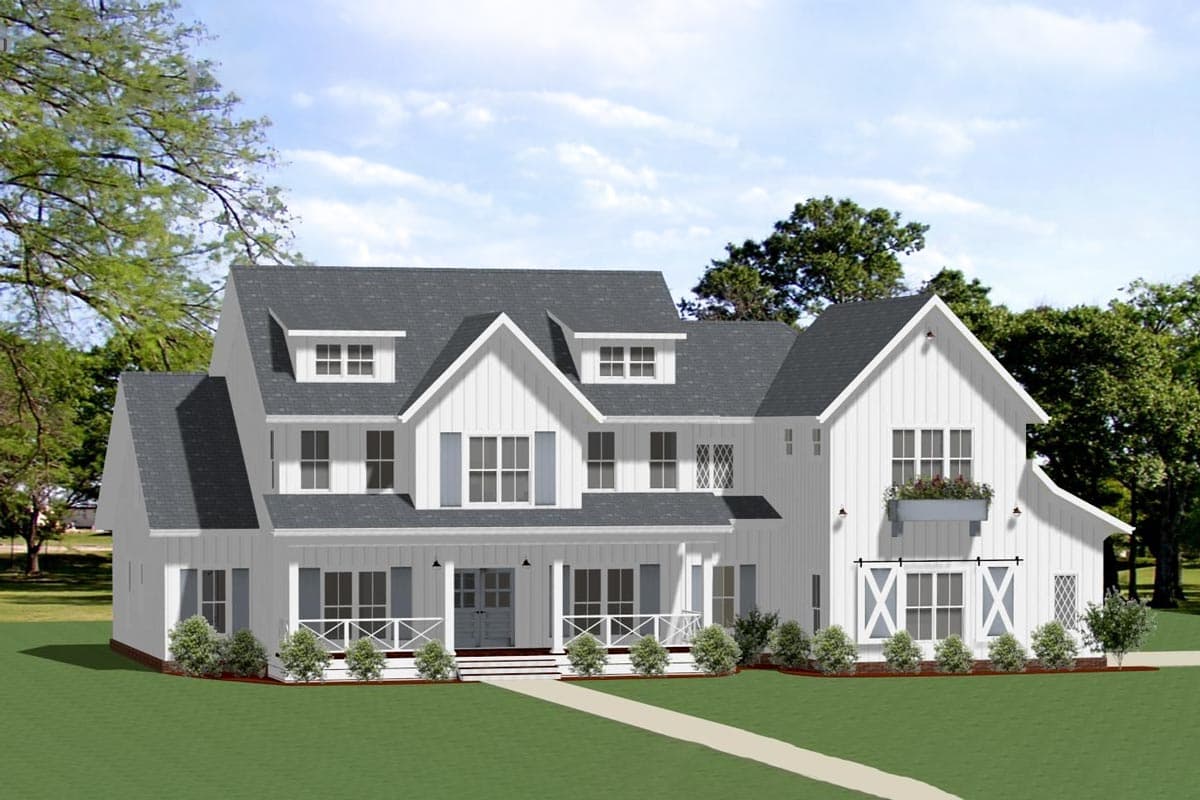 House plan exterior rendering. Two-story Modern Farmhouse with gabled roof, dormers, and a covered porch with railing.