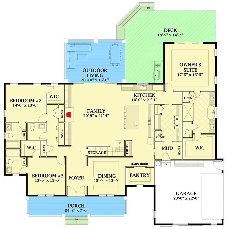Plan 46392LA: 4-Bed Farmhouse Plan Second Floor Bedroom, Office and Media Room - Floor Plan - Main Level - Country, Farmhouse, Traditional