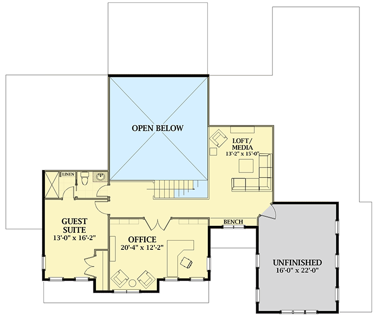 Plan 46392LA: 4-Bed Farmhouse Plan Second Floor Bedroom, Office and Media Room - Floor Plan - 2nd Floor - Country, Farmhouse, Traditional