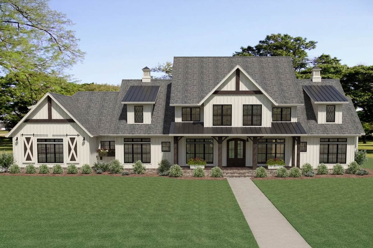 House plan exterior. Two-story Modern Farmhouse with gables, dormers, and a covered front porch with dark trim and accents.