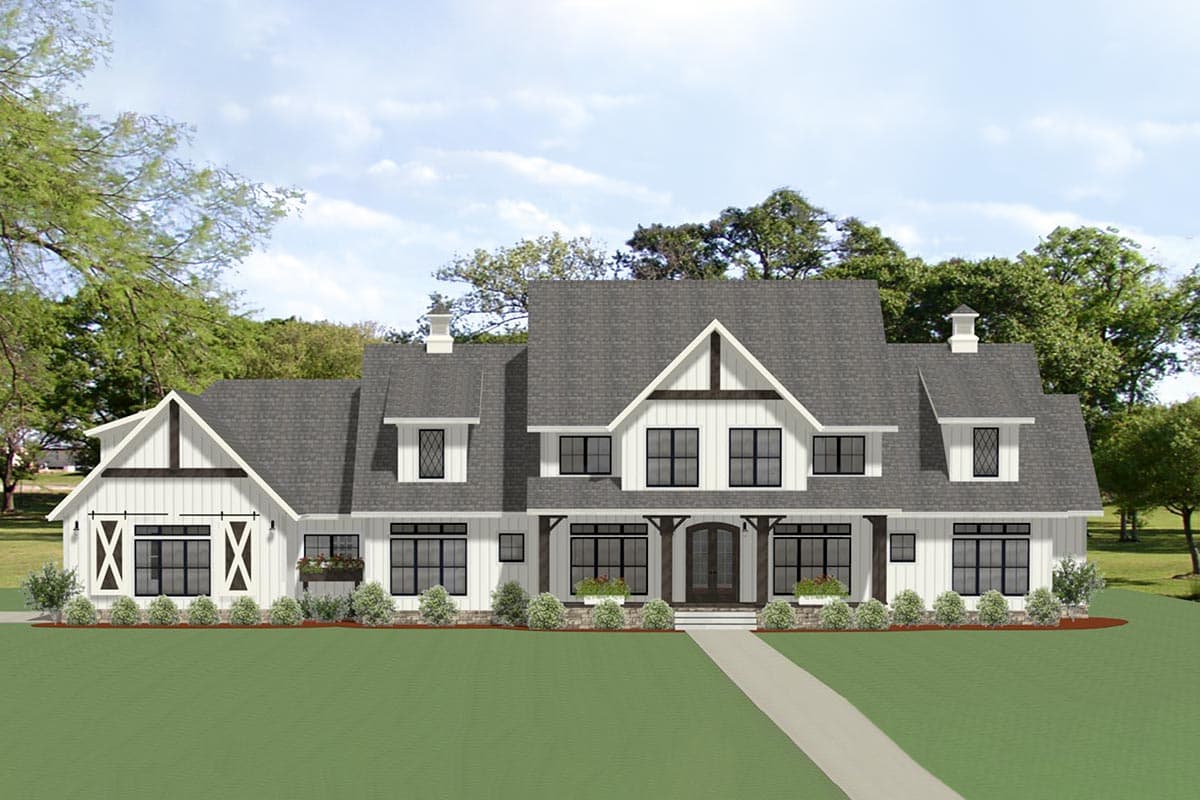 Modern Farmhouse house plan exterior, two stories, prominent gables, wide covered porch with arched openings, and multiple dormers.