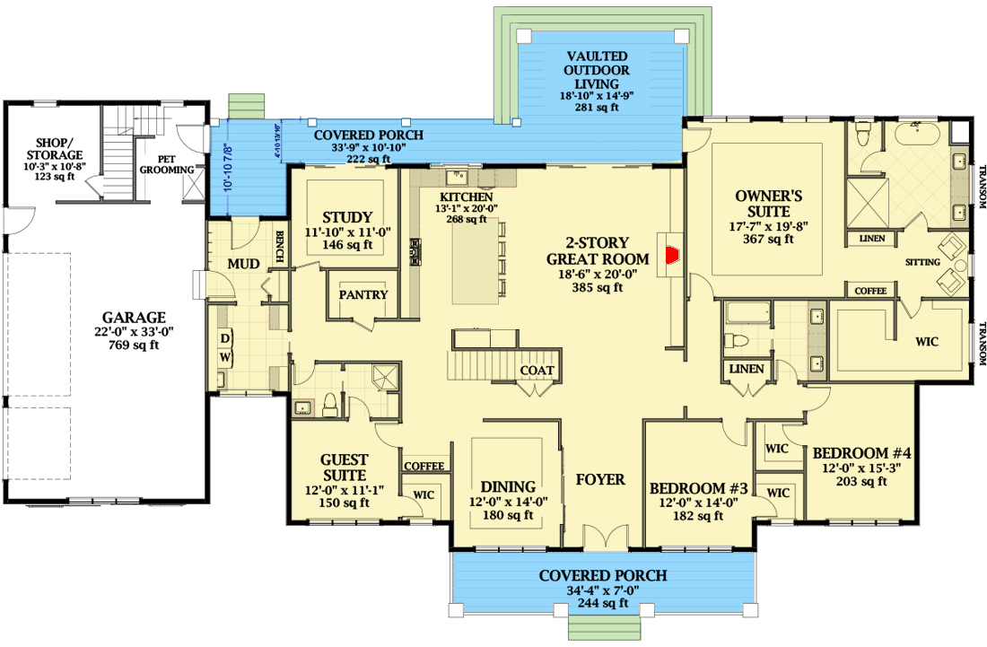 Plan 46394LA: Sophisticated Farmhouse Plan with Two-Story Great Room - Floor Plan - Main Level - Country, Craftsman, Farmhouse, Modern Farmhouse
