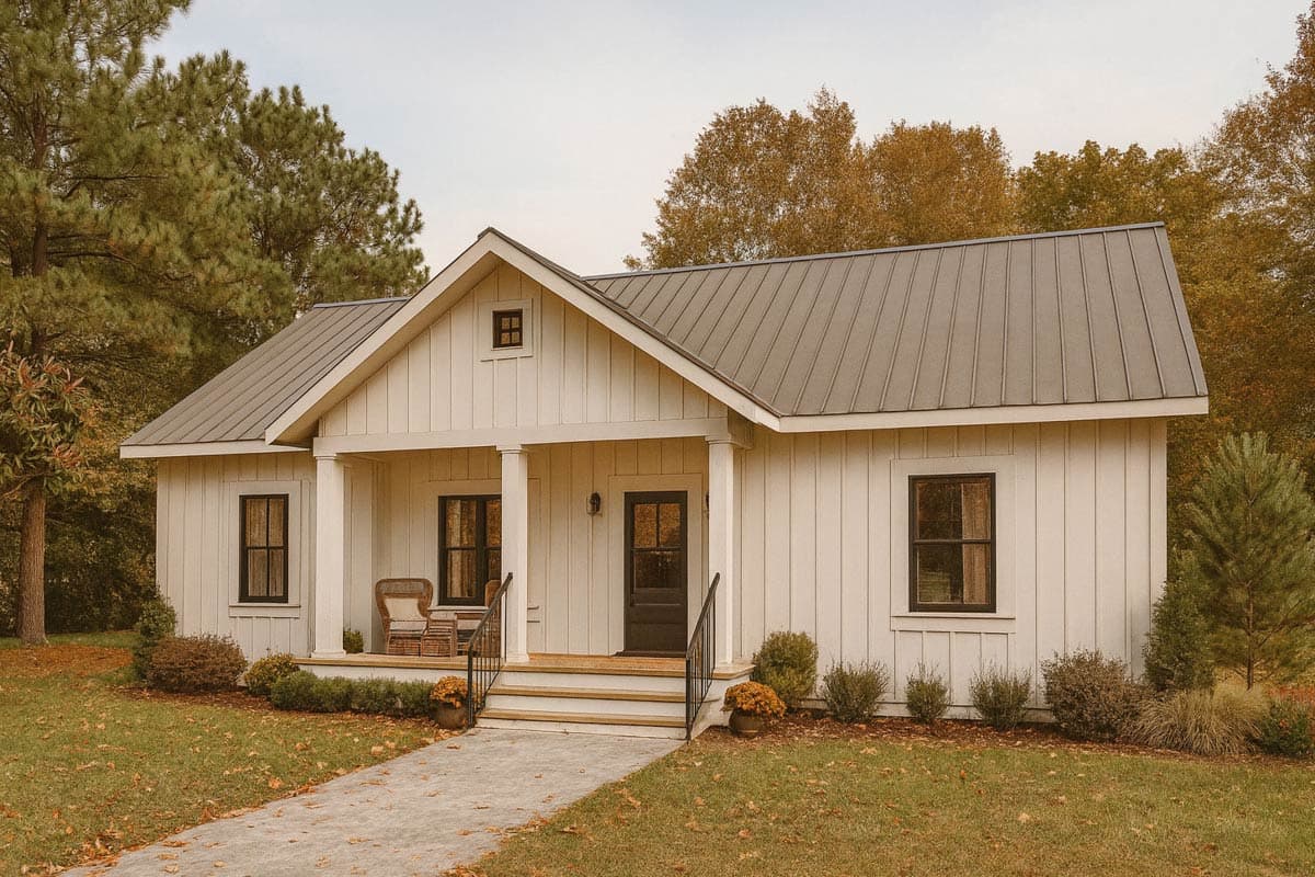 House plan exterior: Modern Farmhouse style, one story, featuring a gabled roof, board and batten siding, and a covered front porch with columns.