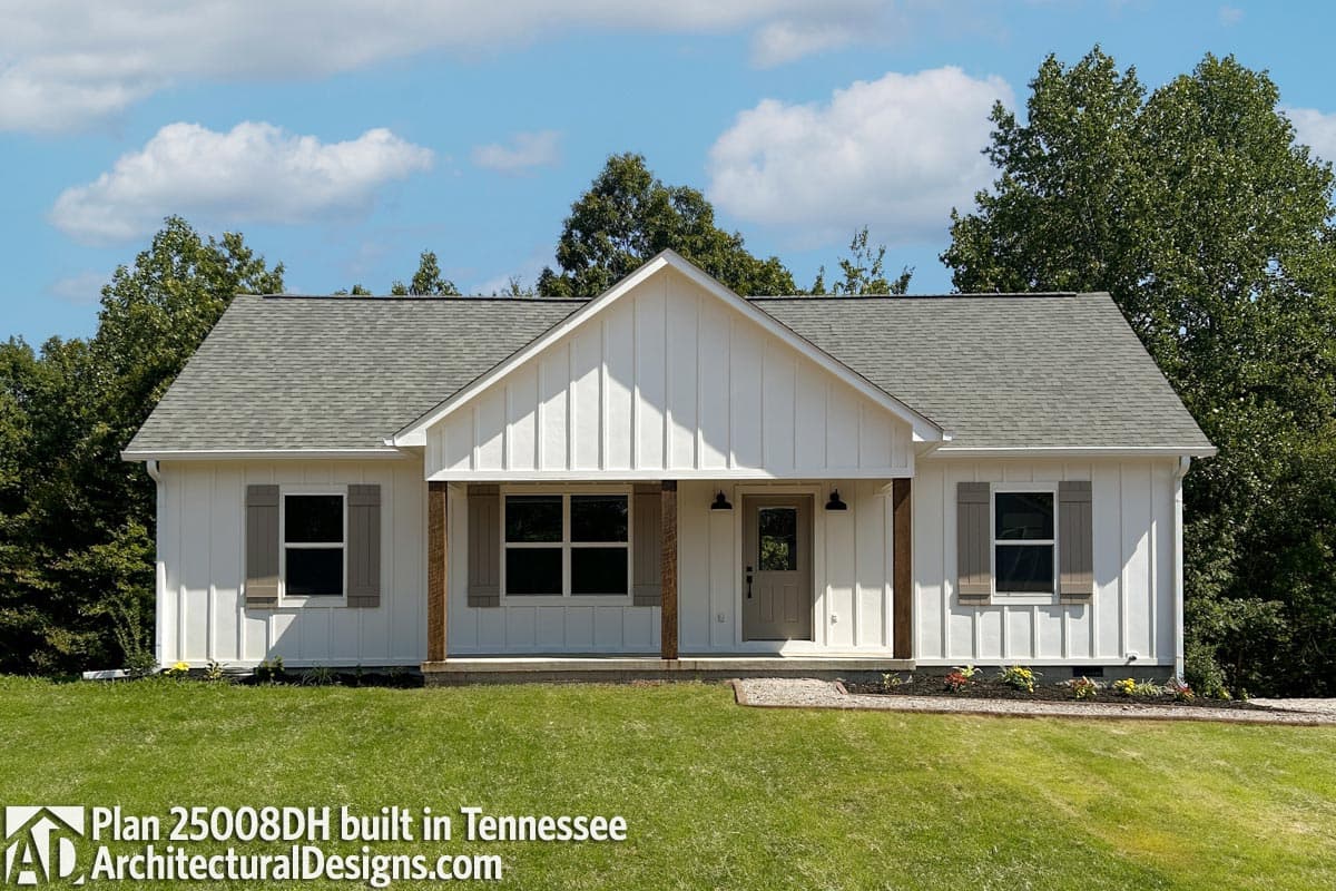 Modern Farmhouse house plan exterior with board and batten siding, gable, and covered front porch with wood columns.