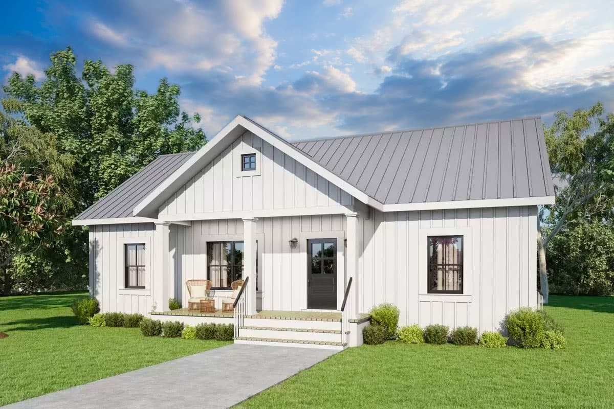 House plan exterior featuring a one-story farmhouse style with a gabled roof, porch with columns, and board-and-batten siding.