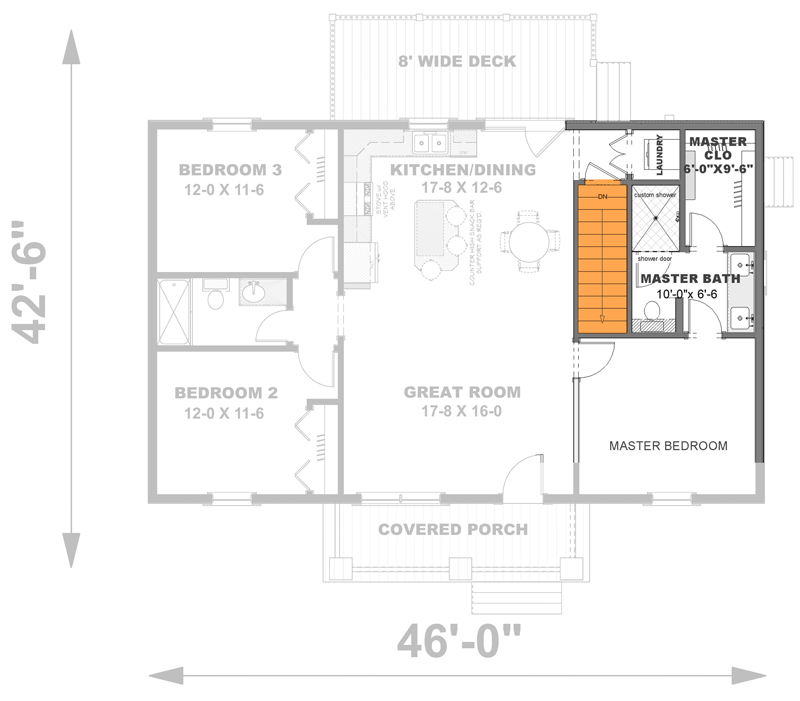 Plan 25008DH: 3-Bed Ranch Home Plan with Split Bedrooms - 1311 Sq Ft - Floor Plan - Main Level - Basement Foundation Option Stair Location - Cottage, Country, New American, Ranch, Southern