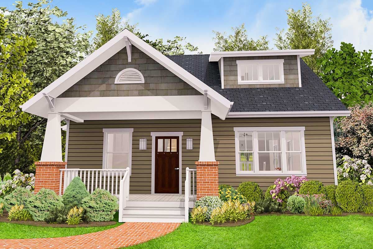 House plan exterior featuring a Craftsman style. The one-story home has a front porch with a gable roof, dormer, and decorative brackets.