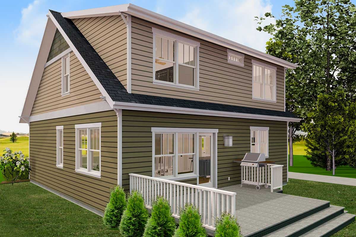 House plan exterior, two stories, horizontal siding, gable end, dormer, deck with railing and grill.