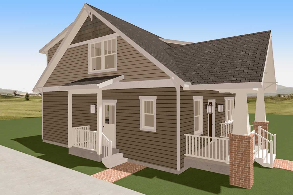House plan exterior with gabled dormer, horizontal siding, front porch with white railings, and brick porch columns.