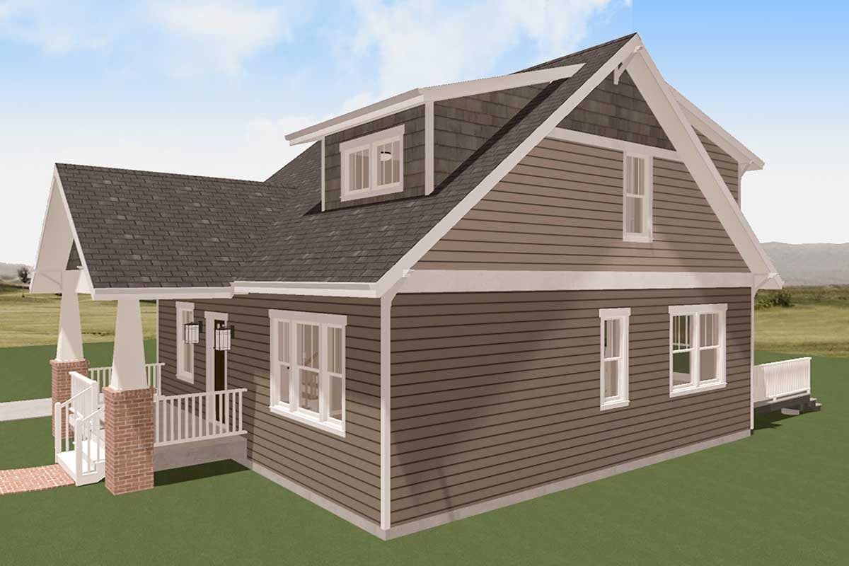 House plan exterior: Two-story home with a gabled dormer, covered porch with brick accents, and vinyl siding.