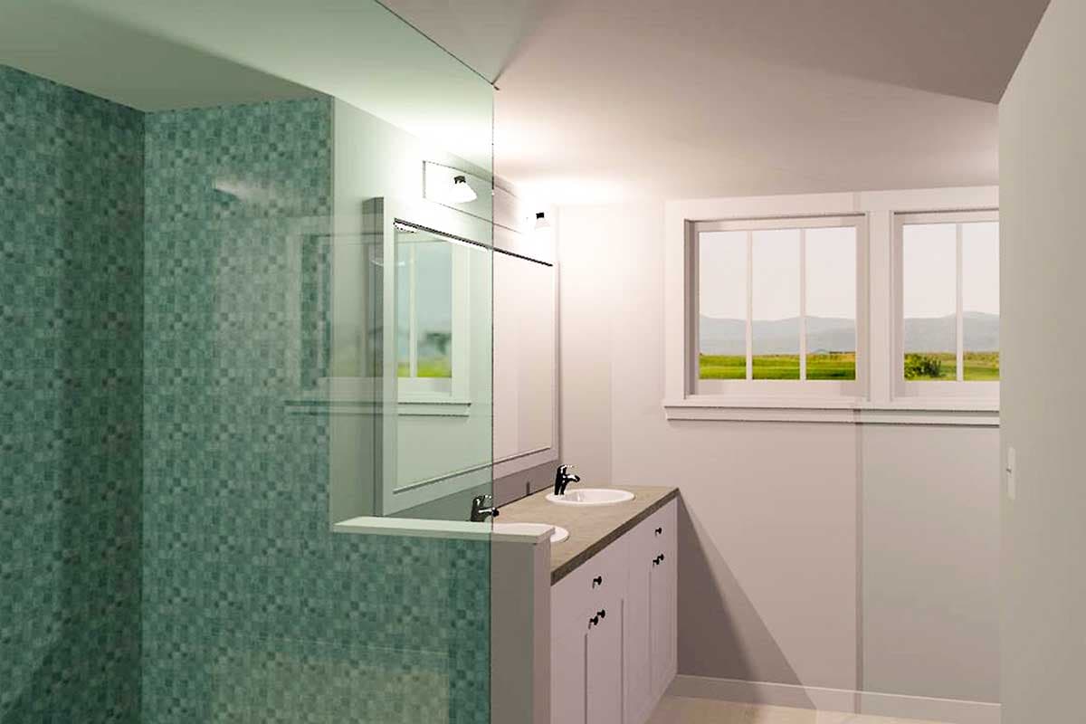 Bathroom rendering with tiled shower, double vanity with dual sinks, and dual pane windows.