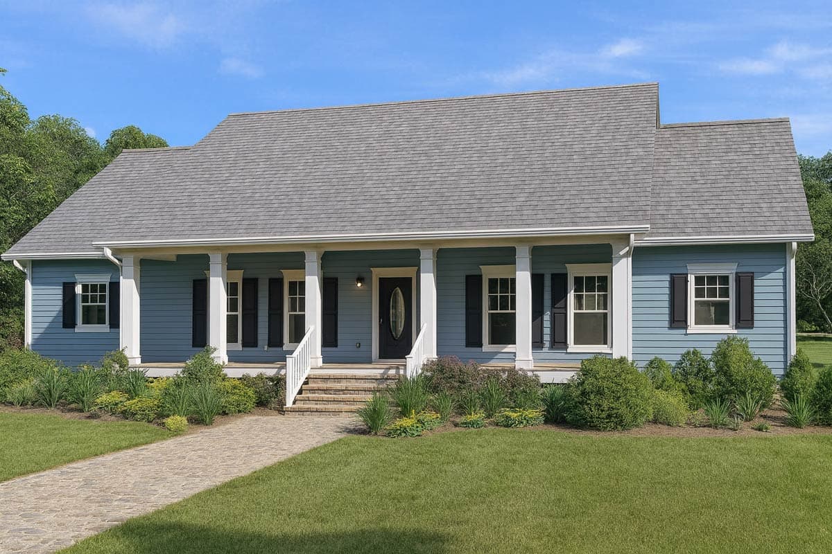 House plan exterior. One-story Ranch style home with a front porch supported by columns. Features include gabled roof and black shutters.