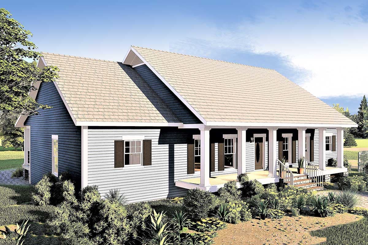 House plan exterior of a one-story Ranch home with a wide front porch supported by square columns and a prominent gable.