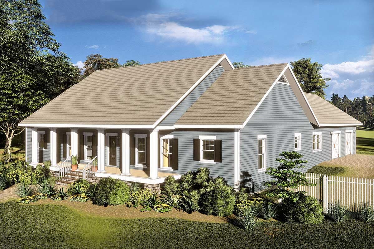 House plan exterior: One-story Traditional style with full-width covered porch, gable dormer, and two-car garage.