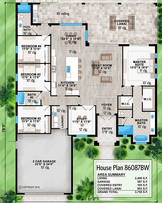 Plan 86087BW: Contemporary Southern House Plan with Large Covered Lanai - 2400 Sq Ft - Floor Plan - Main Level - Coastal Contemporary, Contemporary, Florida-Style, Modern, Southern, Transitional