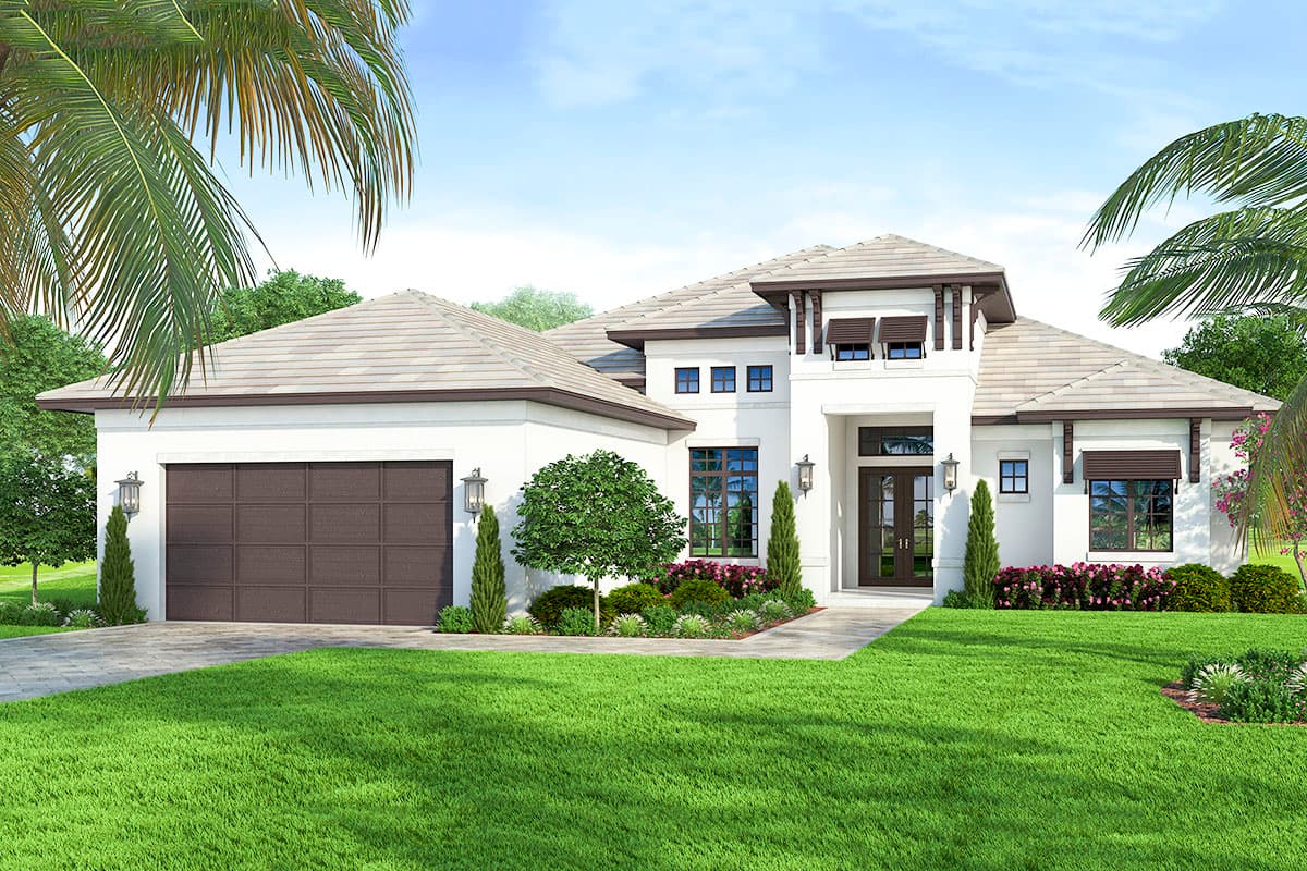House plan exterior with stucco facade, a tile roof, and a two-car garage. Features include decorative brackets and window awnings.