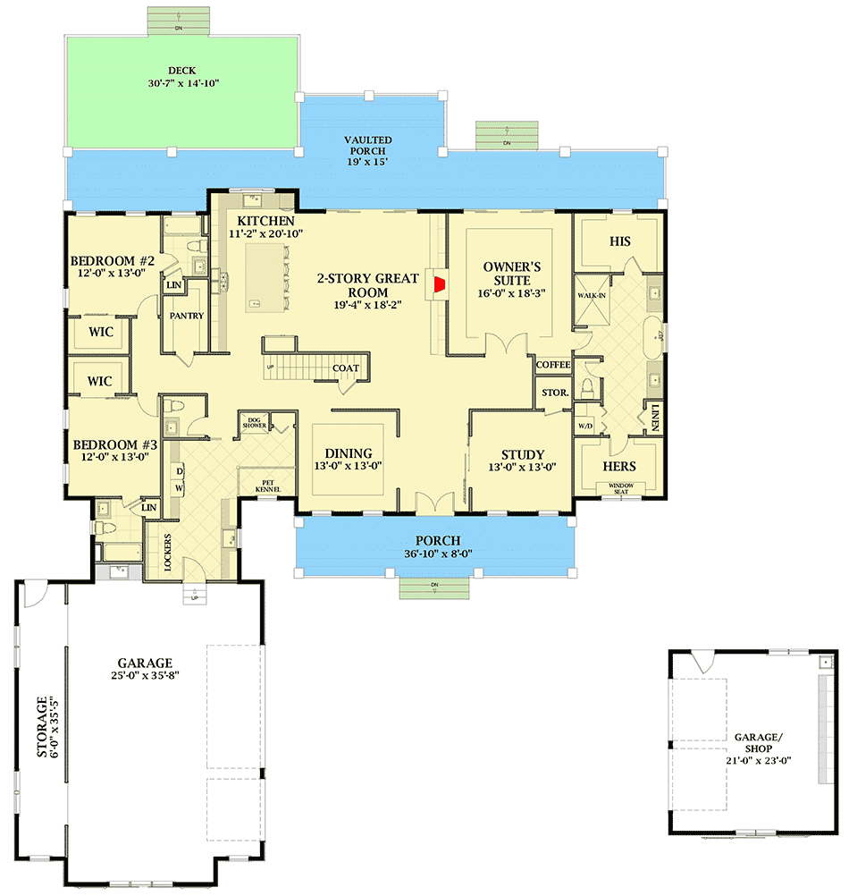 Plan 46395LA: Modern Farmhouse with Flexible Second-level Design and Detached Workshop - 5001 Sq Ft - Floor Plan - Main Level - Country, Craftsman, Farmhouse, Modern Farmhouse, New American, Traditional