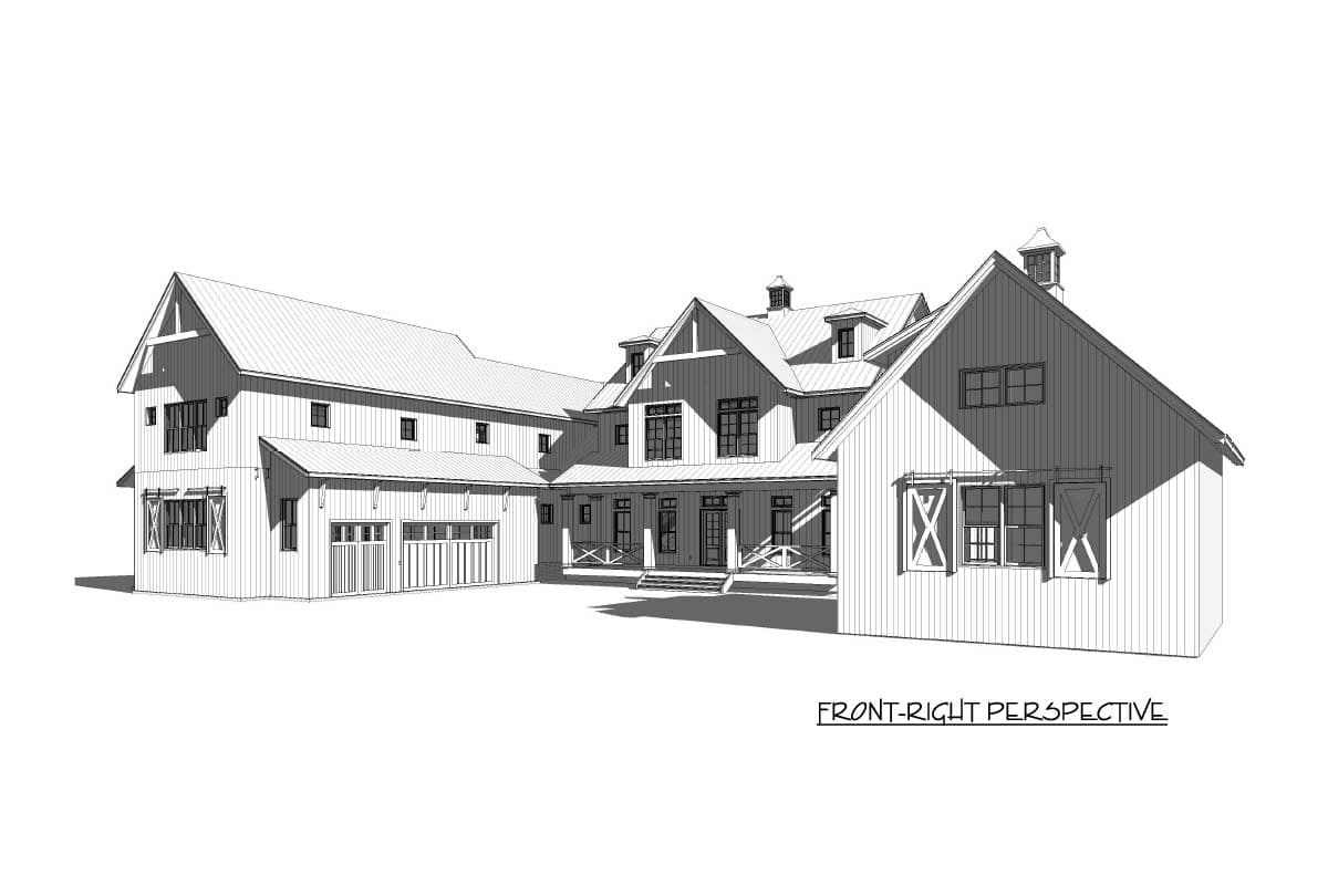 Modern Farmhouse house plan exterior with wraparound porch, multiple gables, dormers, and attached multi-car garage.