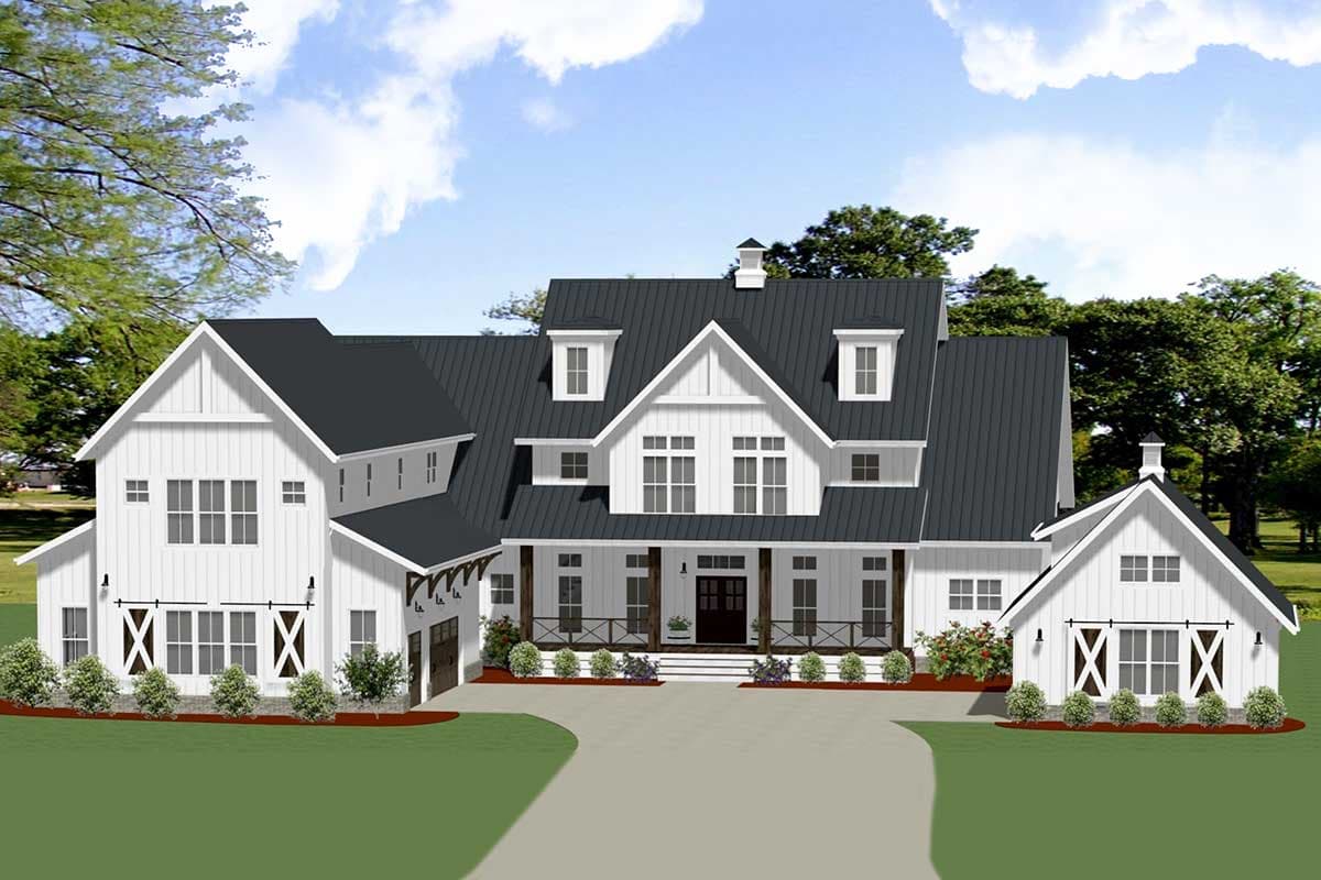 House plan exterior. Two-story Modern Farmhouse with a front porch, gables, dormers, and a detached garage with barn doors.