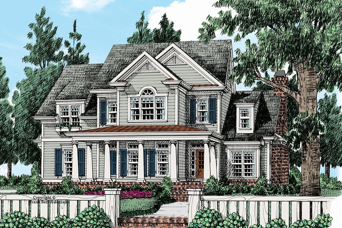 House plan exterior. Two-story Colonial with gabled roof, prominent front porch with columns, dormers, and decorative window shutters.