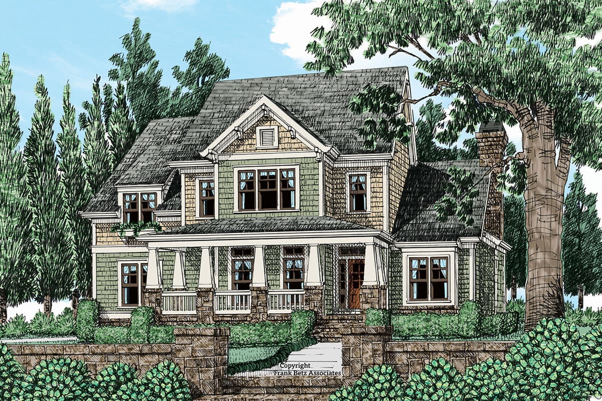 House plan exterior. Two-story Craftsman home with a front porch, gables, dormers, and a prominent roofline.