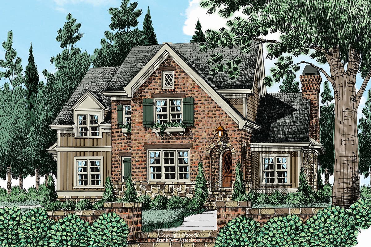 House plan exterior with brick facade, multi-gabled roofline, dormers, and arched entryway. Two-story design with shutters and decorative stonework.