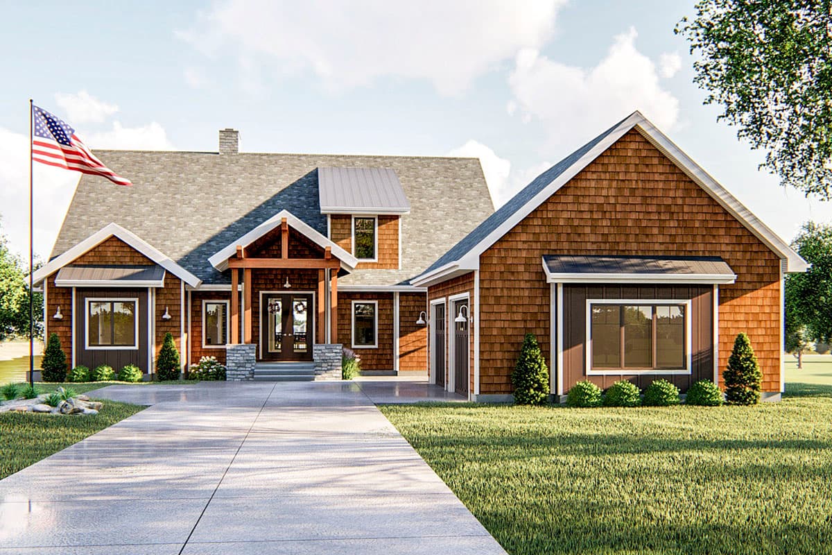House plan exterior. Two-story home with Craftsman style. Features include a front porch with timber frame, gable rooflines, and a side-entry garage.