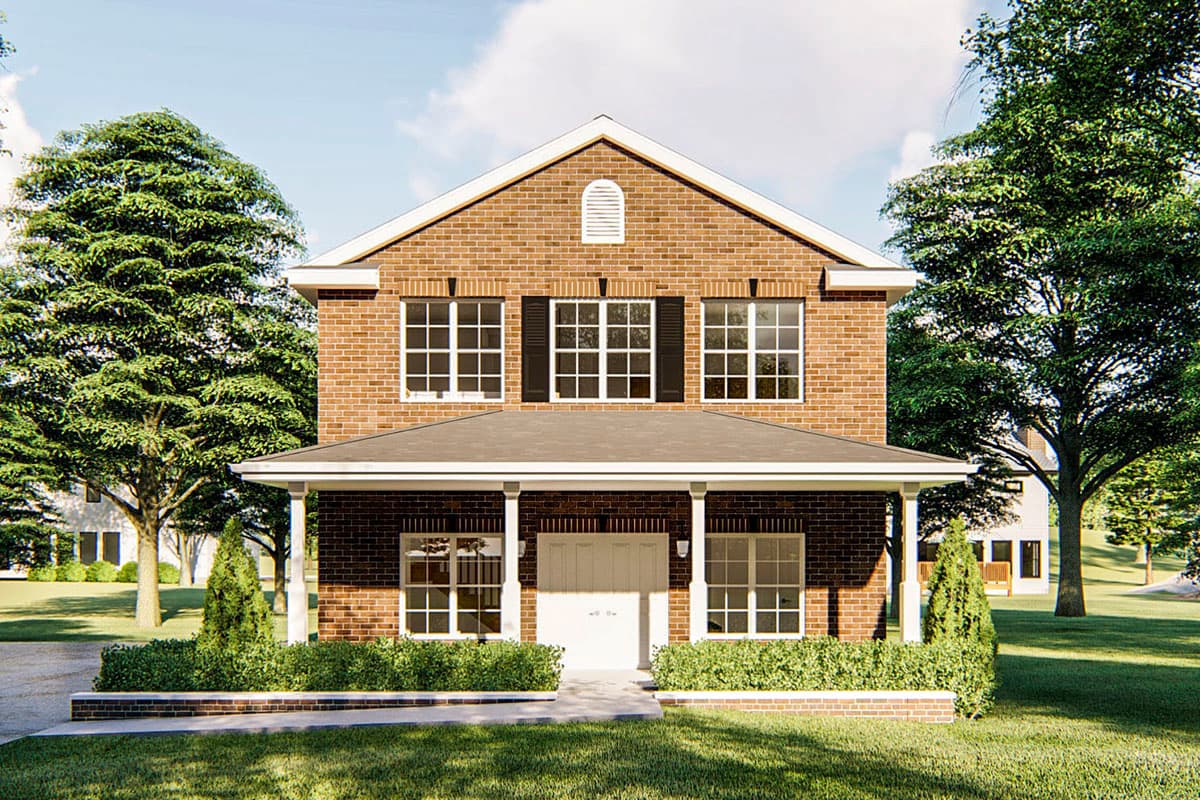 House plan exterior rendering. Two-story brick home with front porch, gable roof, and shuttered windows. Includes decorative vent.