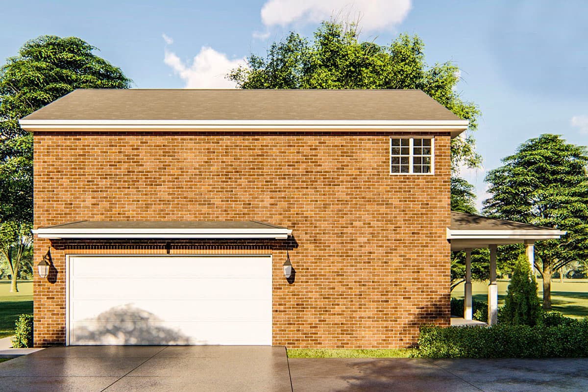House plan exterior: two-story brick home with a single garage door, gabled roof, and covered porch entrance.