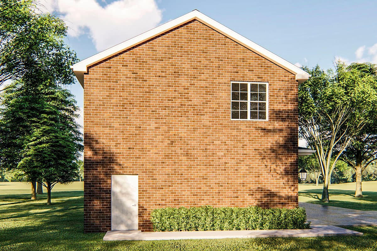 House plan exterior: two-story brick building with a gable roof, one window, and one door.