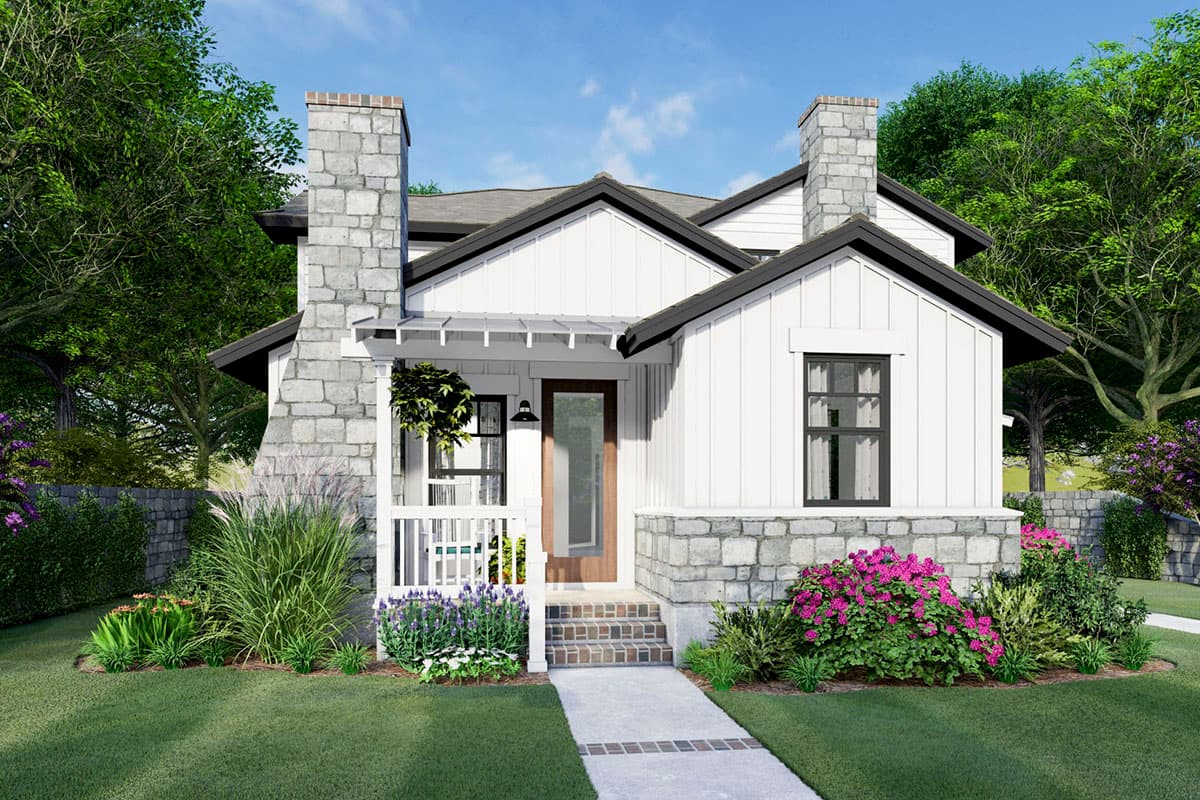 House plan exterior featuring Modern Farmhouse style with board-and-batten siding, stone chimney, gabled roof, and a front porch.
