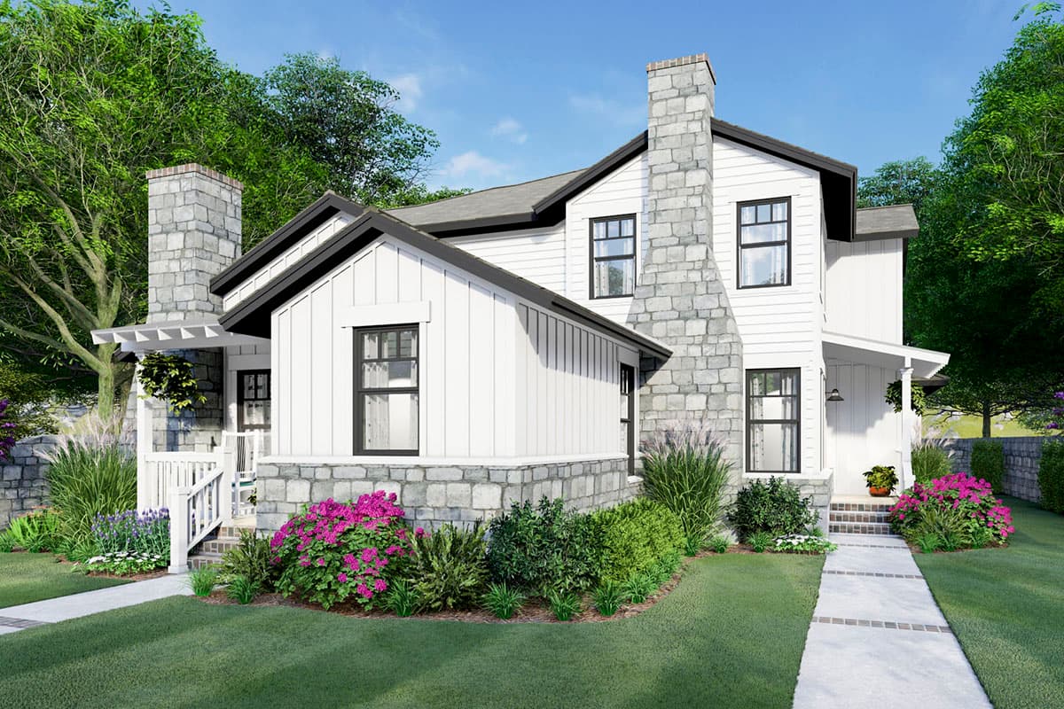 Modern Farmhouse style house plan exterior with stone accents, dual chimneys, white board and batten siding, and a covered front porch.