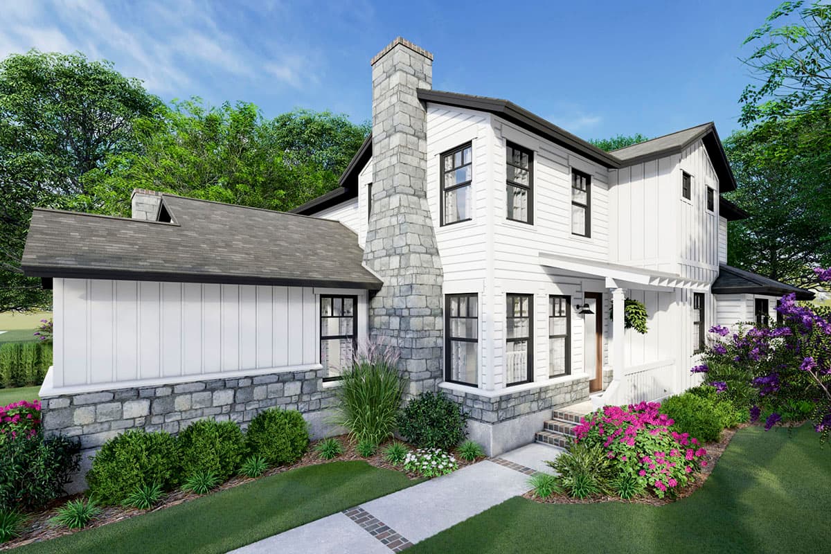Modern Farmhouse house plan exterior with stone foundation, board and batten siding, prominent stone chimney, and gabled rooflines.