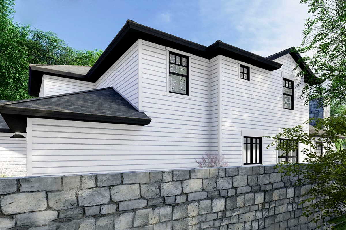 House plan exterior view: Two-story modern home with white horizontal siding, dark gabled rooflines, and a stone foundation wall.