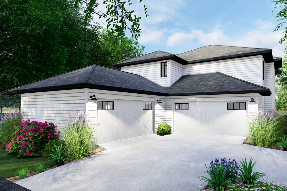 House plan exterior rendering of a two-story Modern Farmhouse with a three-car garage, white siding, and dark gables.