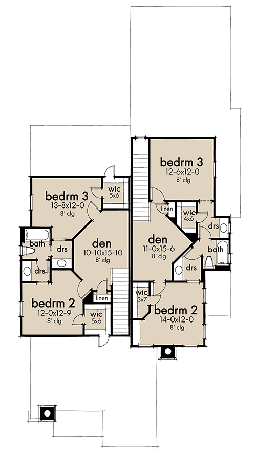 Plan 16912WG: Two-Family Cottage House Plan - 3 Bed, 2.5 Bath Units Around 1500 Sq Ft - Floor Plan - 2nd Floor - Cottage, Country, Craftsman, Farmhouse, Traditional