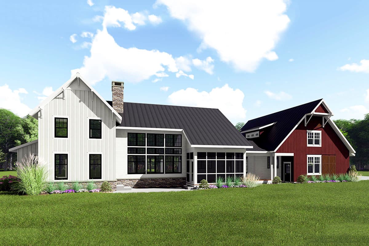 Modern Farmhouse house plan exterior, two stories, white board and batten siding, stone chimney, large window wall, and red barn-style garage.