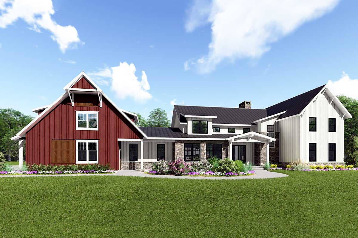 House plan exterior. Modern farmhouse style with gabled roofs, a covered porch, and a barn-style structure with a red exterior. Two stories.