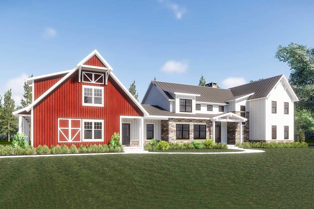 Modern Farmhouse house plan exterior with red barn-style section, stone foundation, metal roof, and multiple gables.